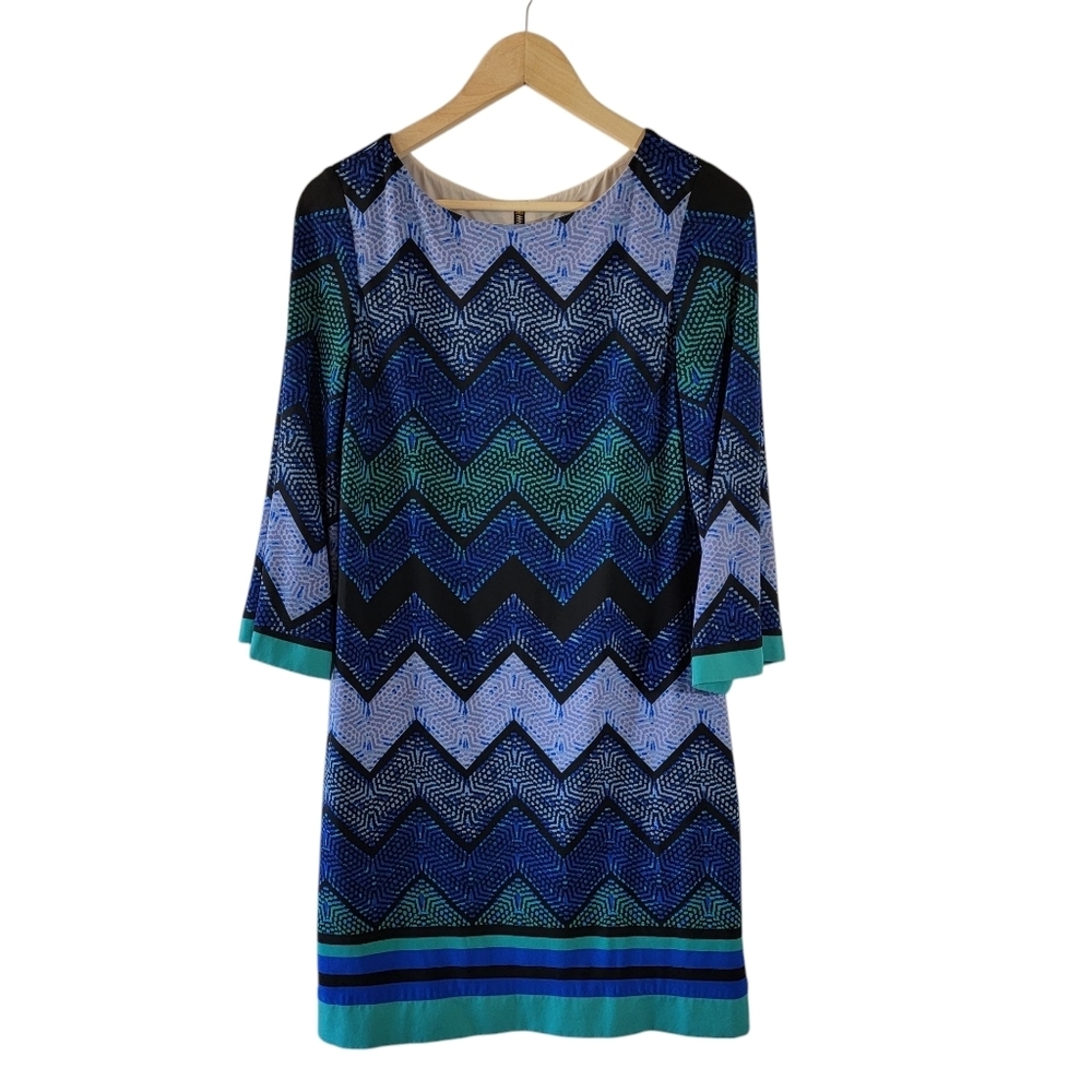 Eliza J Blue Green Chevron Jersey Knit Sheath Dress Sz 8 Minimalist Office Siren
